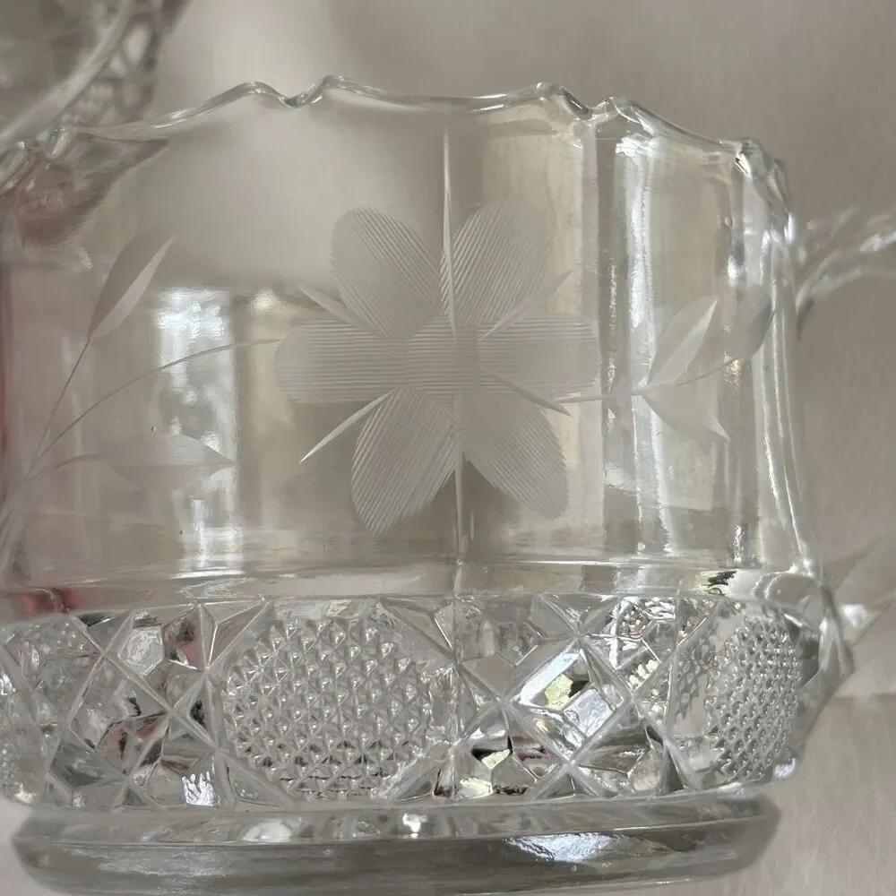 Vintage Etched Glass Creamer & Open Sugar Bowl Set Floral Cut Glass Cream Sugar